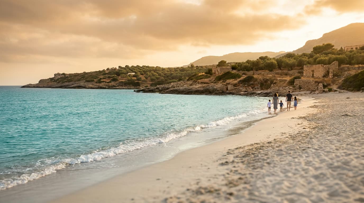 Mare turcoaz și plajă însorită la apus — vacanță charter all inclusive